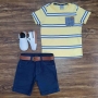 Camiseta com Bolso Listrada e Bermuda Jeans Infantil