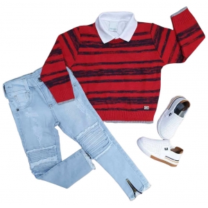 Suéter Vermelho com Polo e Calça Jeans Infantil