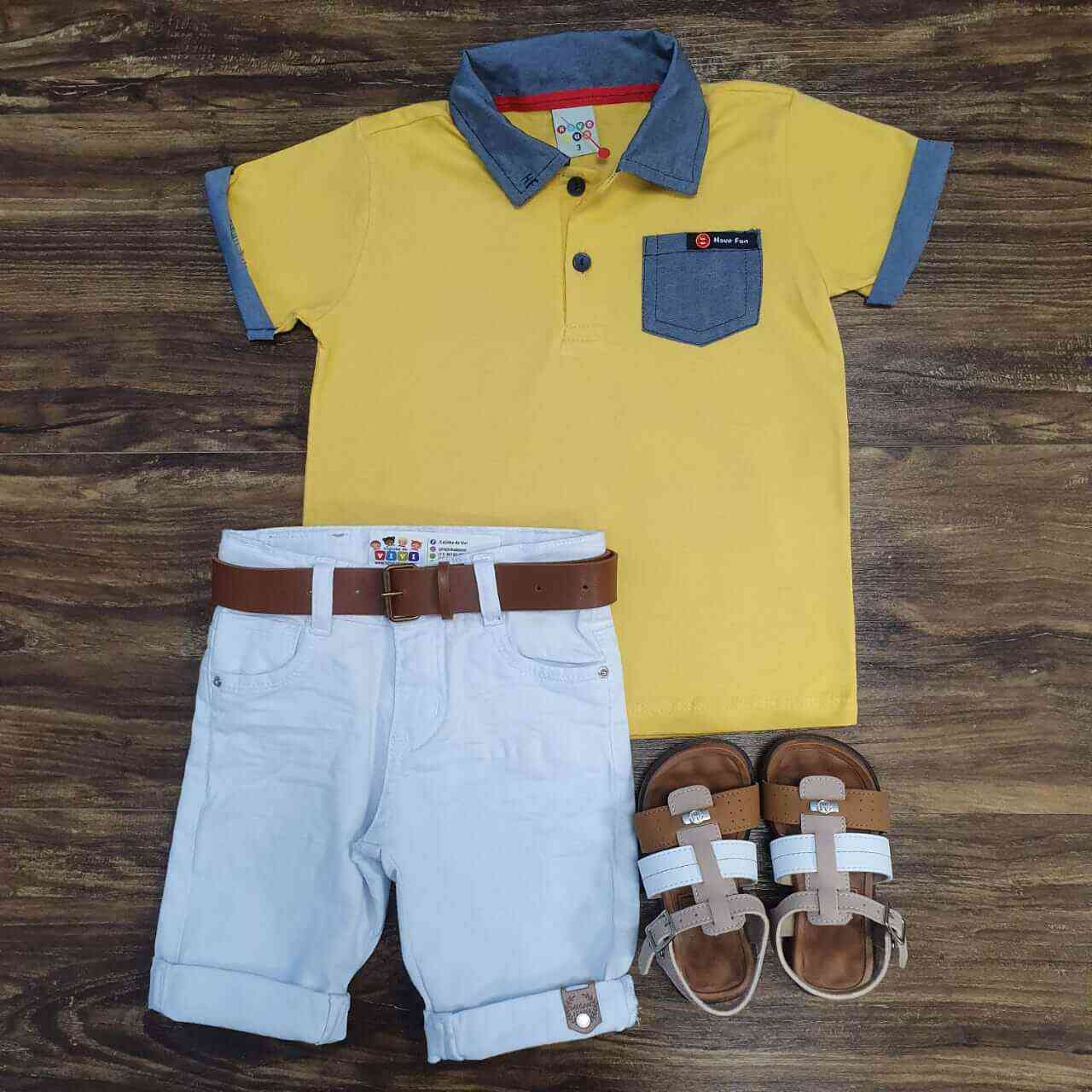 Bermuda Branca com Camisa Polo com Bolso Amarela Infantil