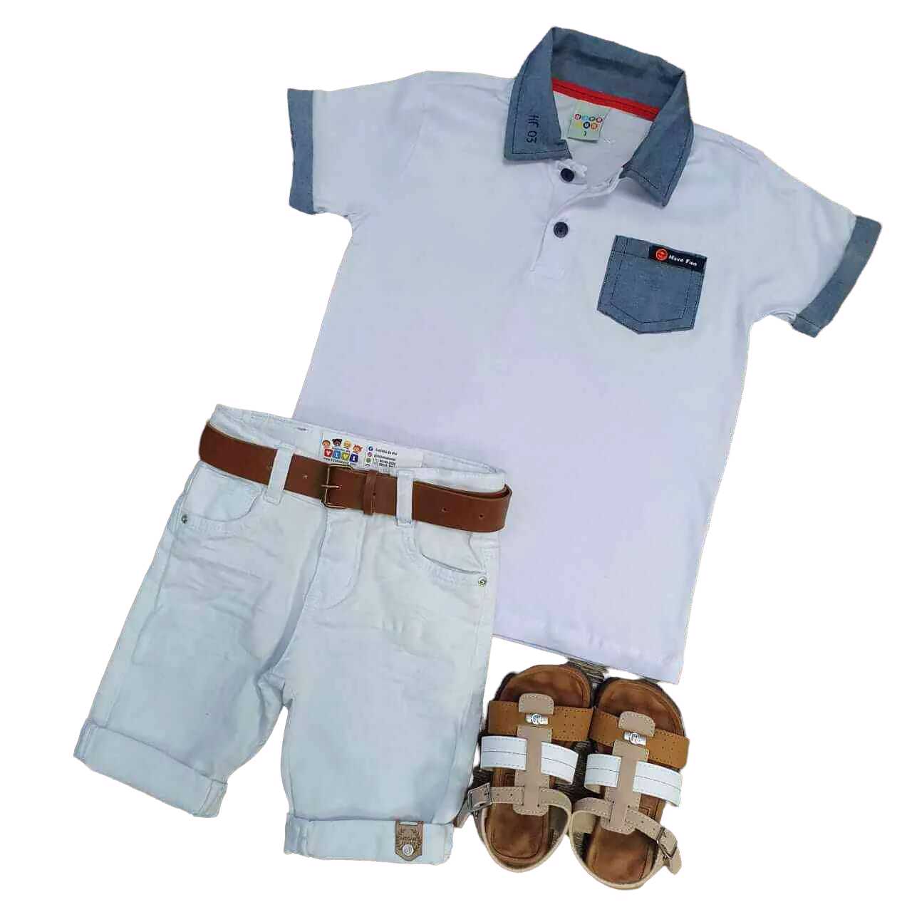 Bermuda Branca com Camisa Polo com Bolso Branca Infantil  - Lojinha da Vivi