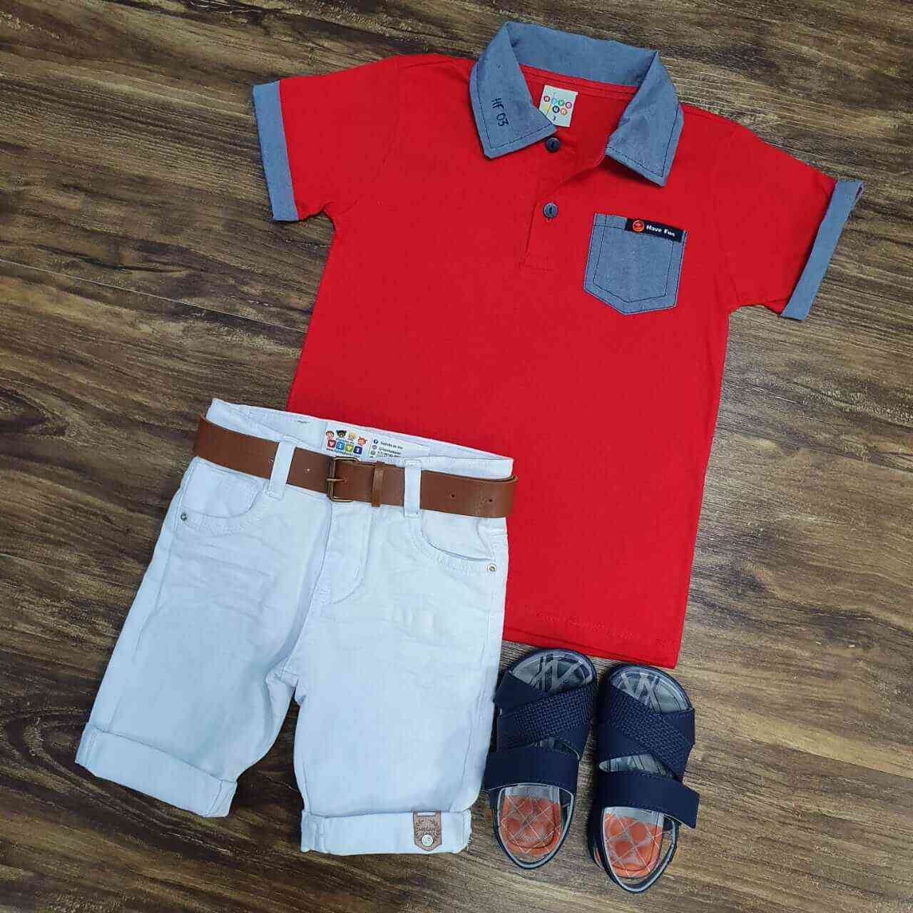 Bermuda Branca com Camisa Polo com Bolso Vermelha Infantil