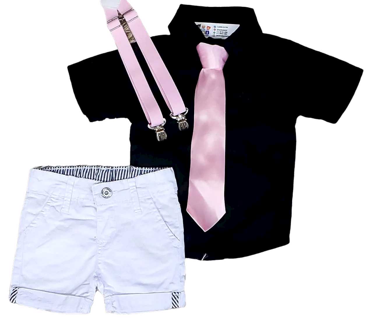 Bermuda Branca com Suspensório e Camisa Preta com Gravata