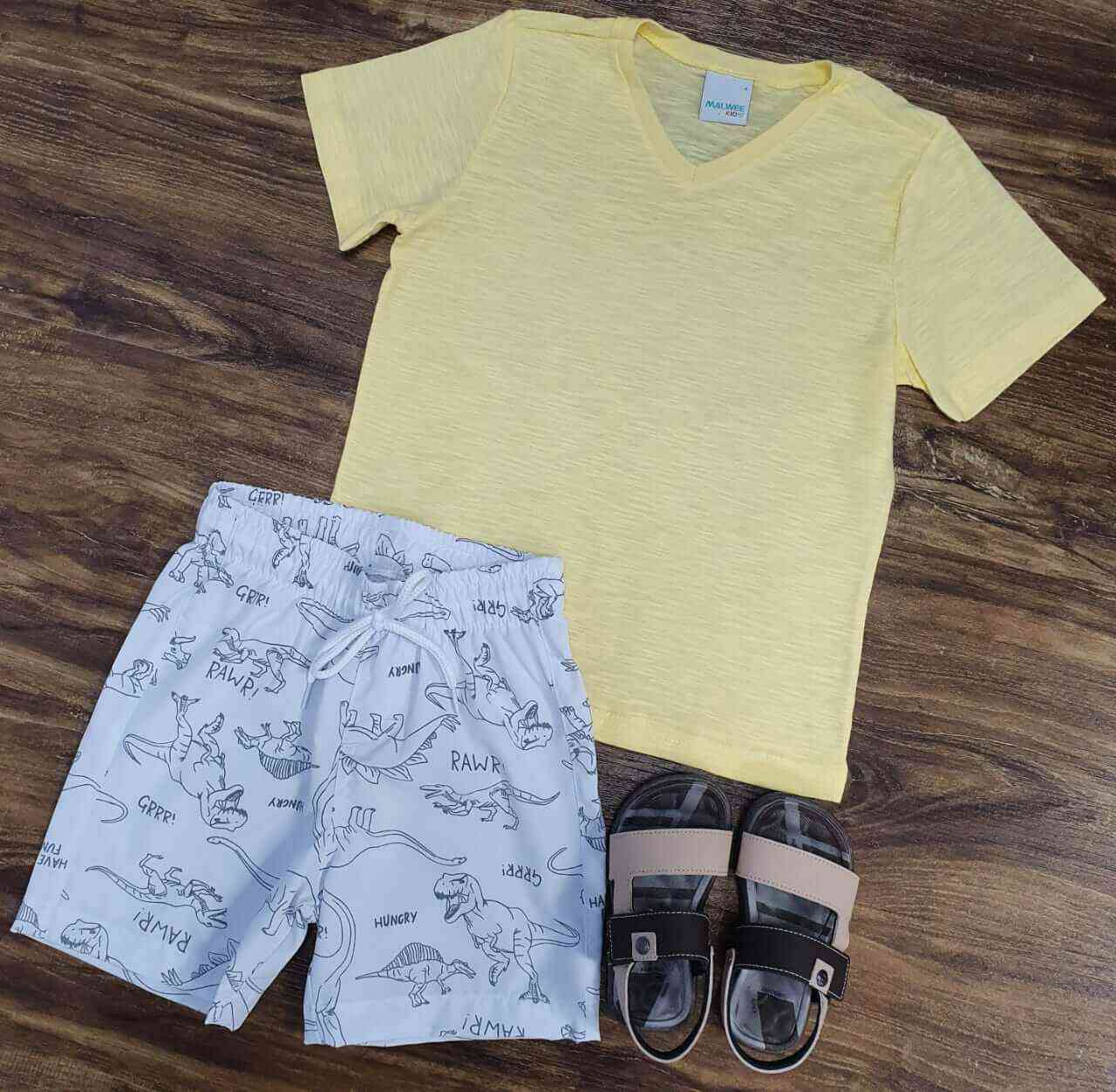 Bermuda Branca de Tactel com Camiseta Amarela Infantil