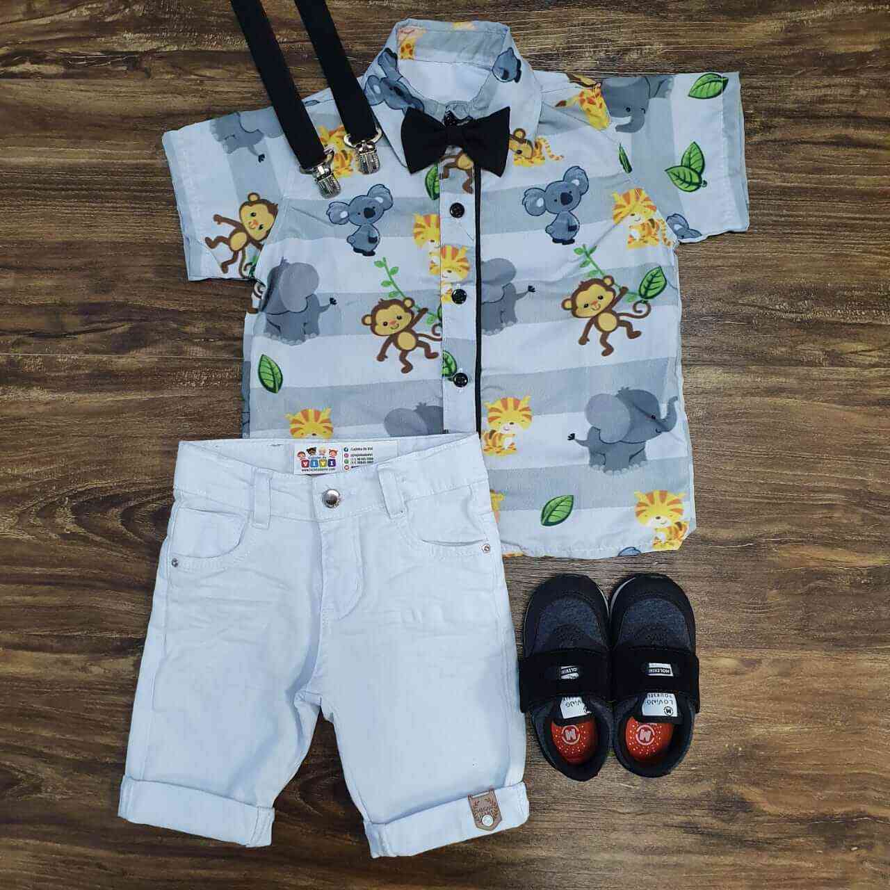 Bermuda Branco com Camisa Safari Cinza Infantil