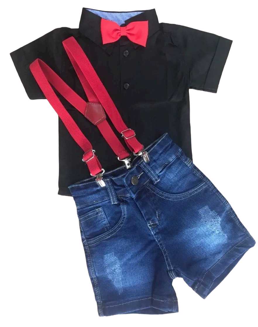 Bermuda Jeans com Suspensório e Camisa Social Preta com Gravata