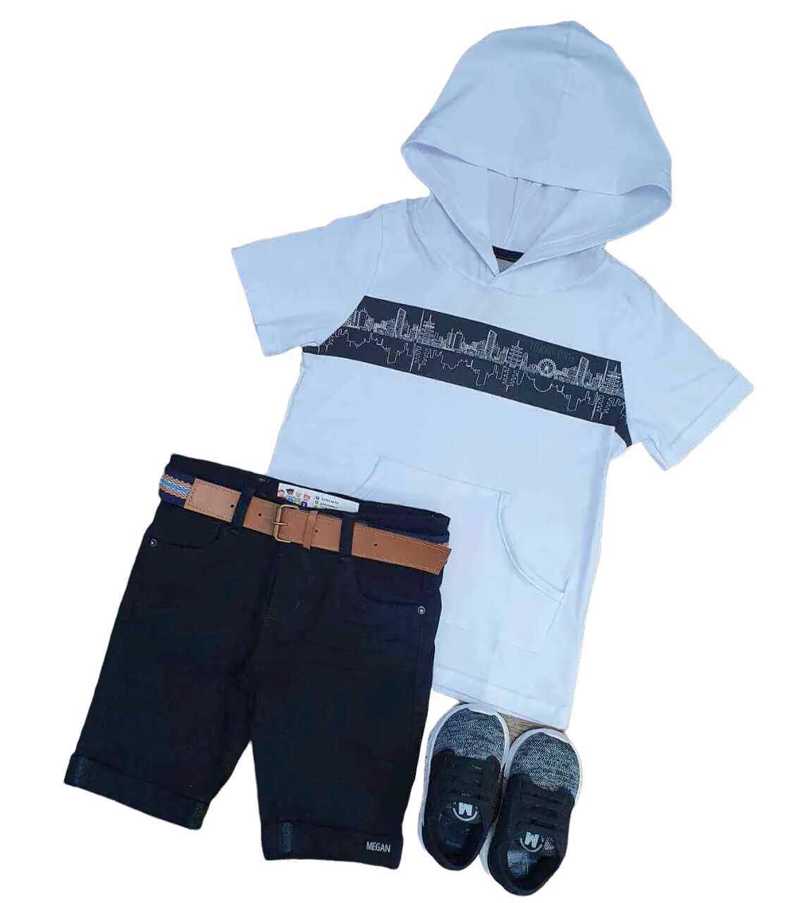 Bermuda Preta com Camiseta Branca com Capuz Infantil  - Lojinha da Vivi
