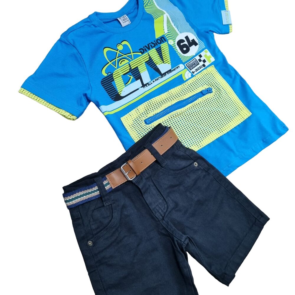 Bermuda Preta Com Cinto e Camiseta Azul CTV Infantil - Lojinha da Vivi