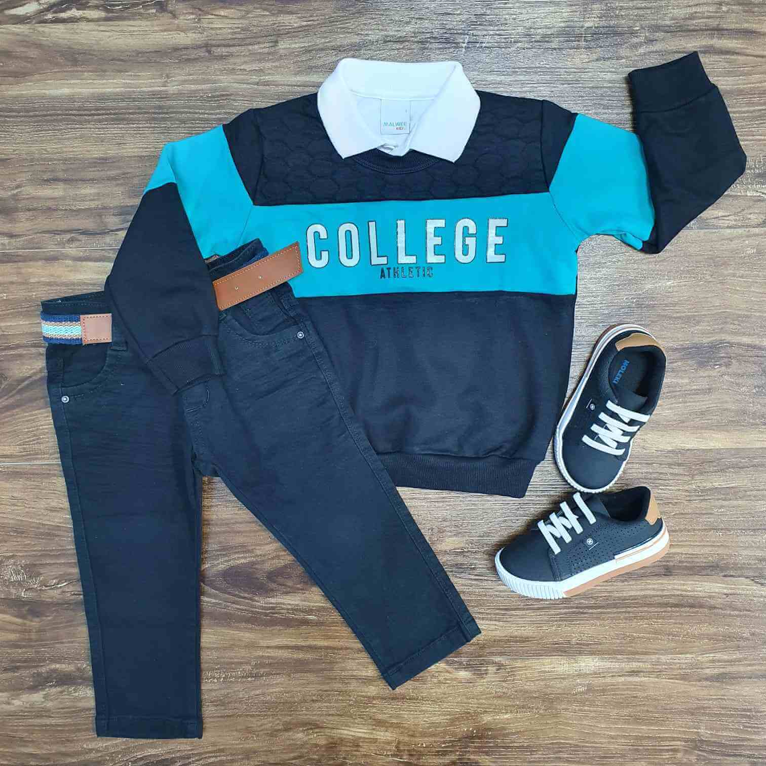 Blusa College com Polo e Calça Jeans Preta Infantil