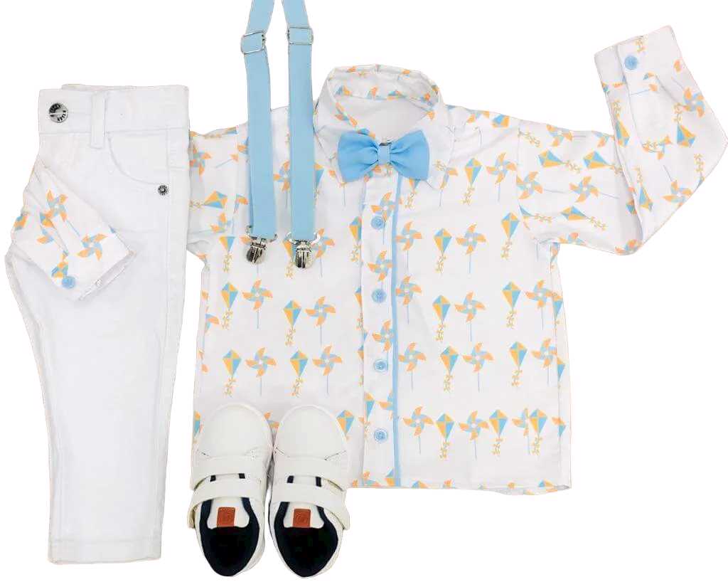 Calça branca com Camisa Manga Longa Brinquedos Gravata e Suspensório