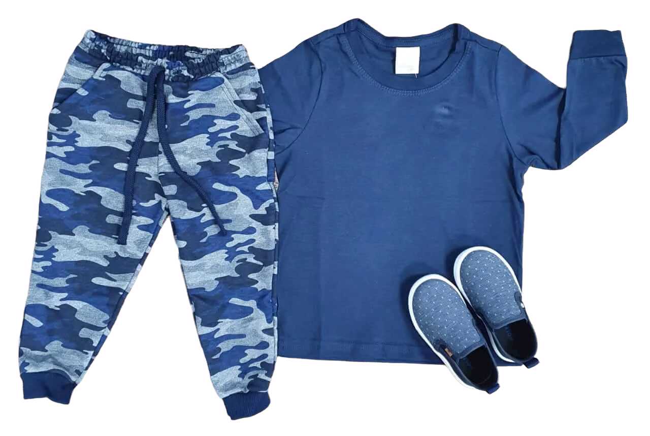 Calça Camuflada com Camiseta Manga Longa Azul Marinho Infantil