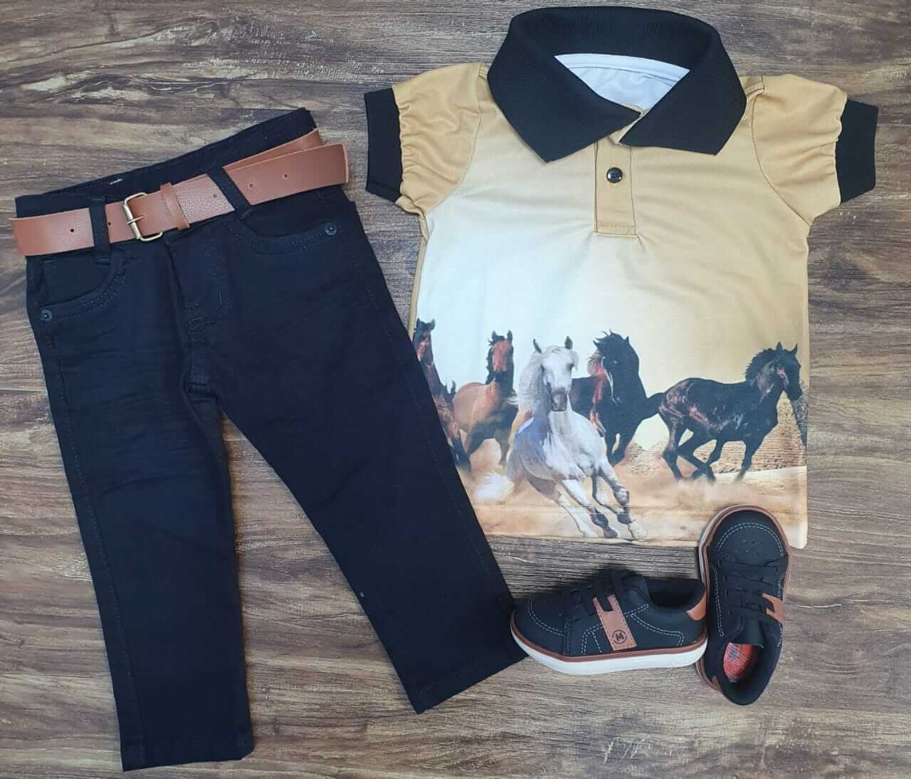 Calça Jeans com Camisa Polo Cavalos Infantil