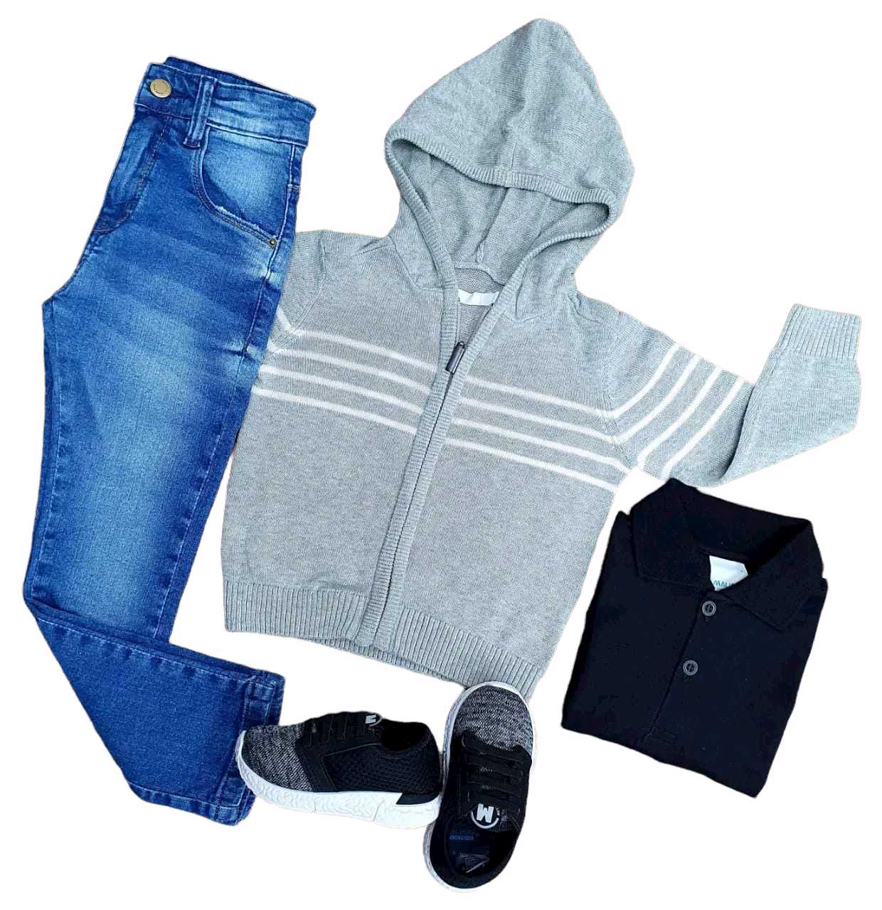Calça Jeans com Polo e Jaqueta Cinza  - Lojinha da Vivi