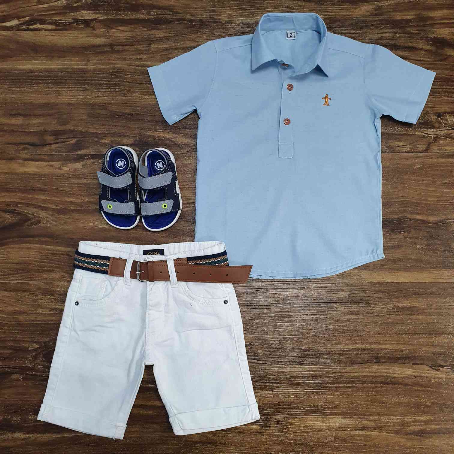 Camisa Azul Bata com Bermuda Branca Infantil