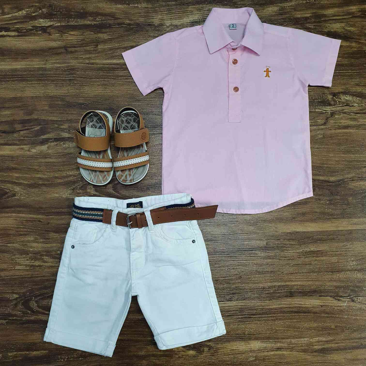 Camisa Bata Social Rosa com Bermuda Branca Infantil