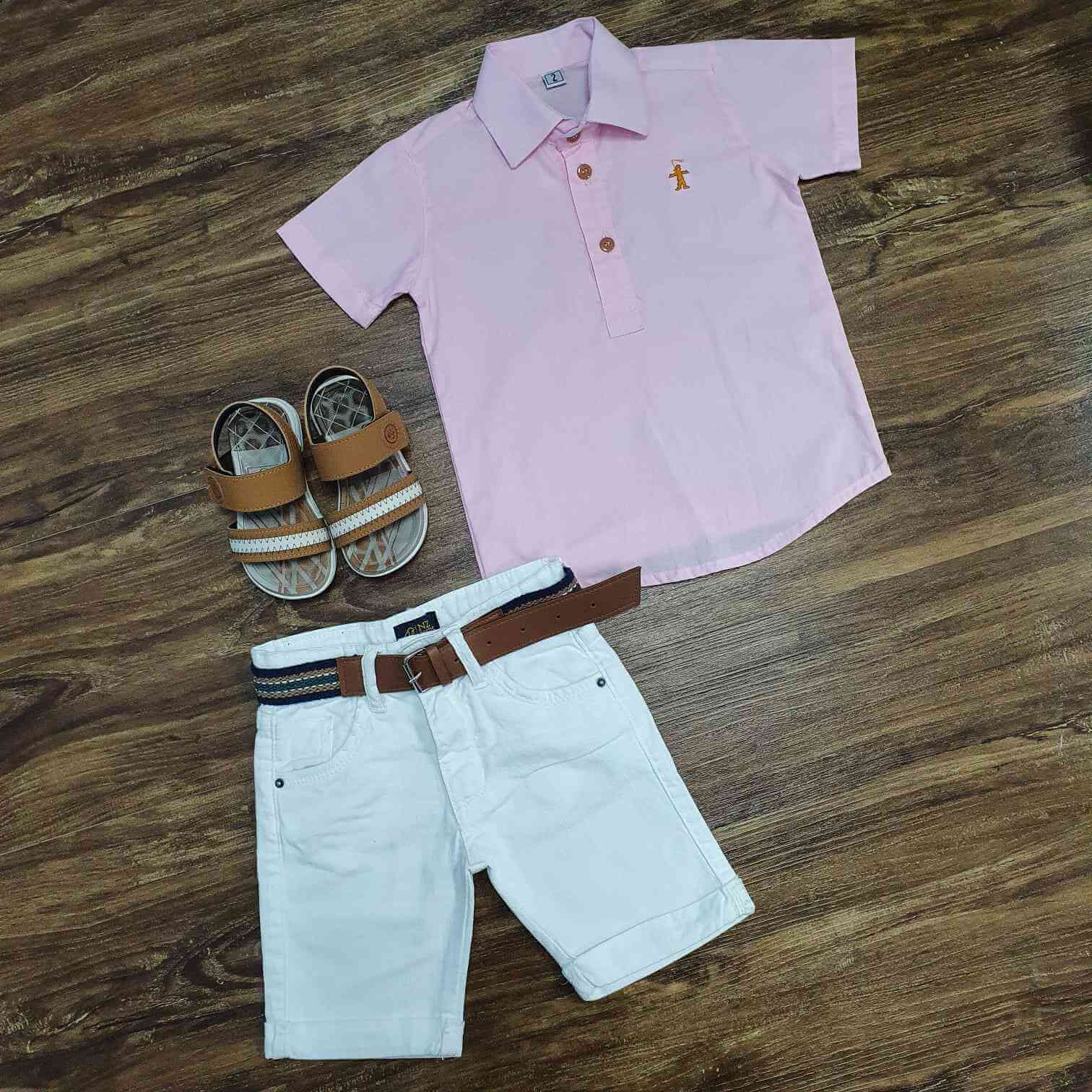 Camisa Bata Social Rosa com Bermuda Branca Infantil