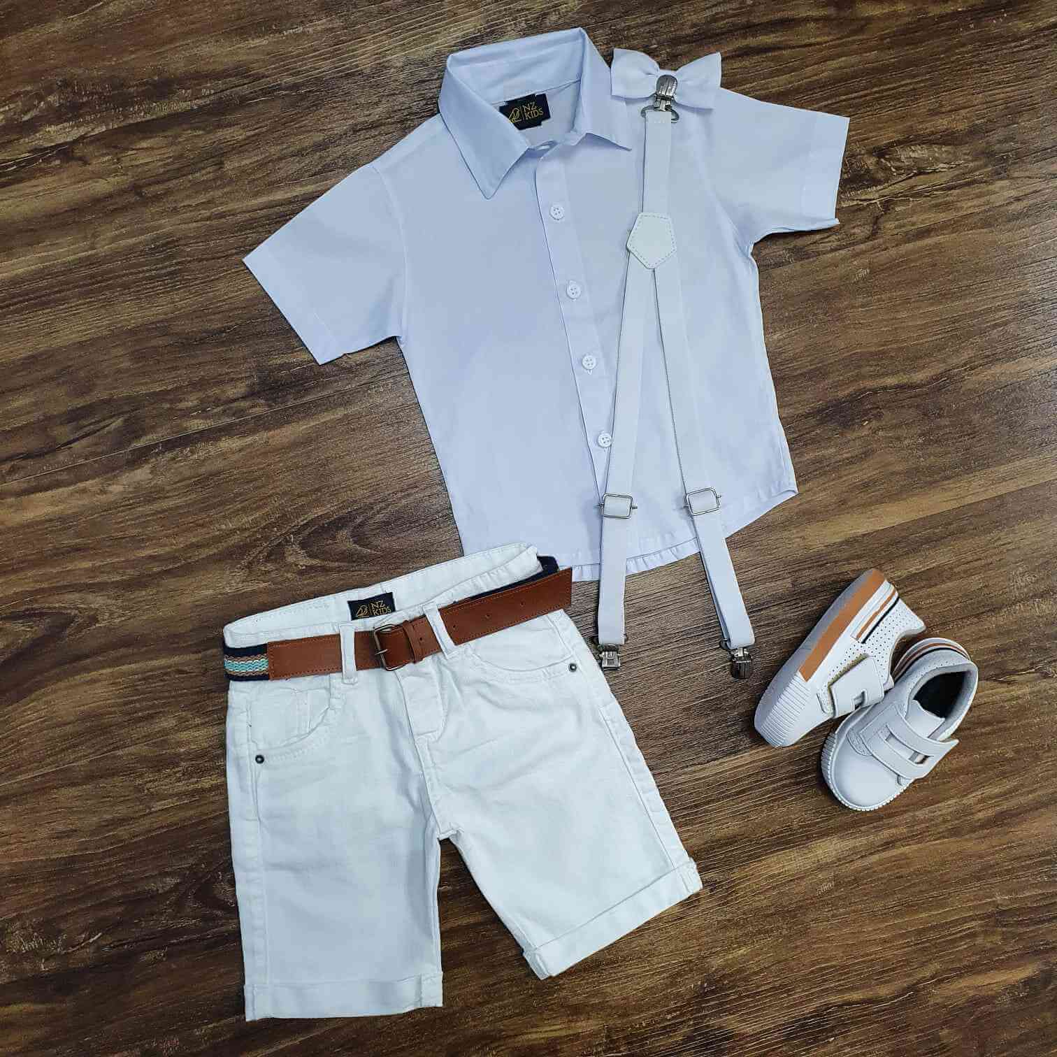 Camisa Branca Social com Bermuda Branca Infantil