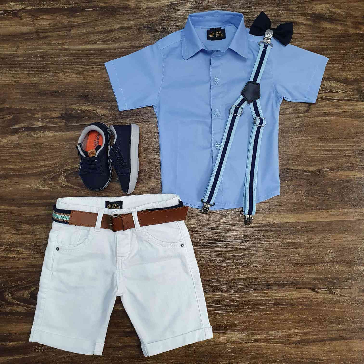 Camisa Social Azul com Bermuda Branca Infantil
