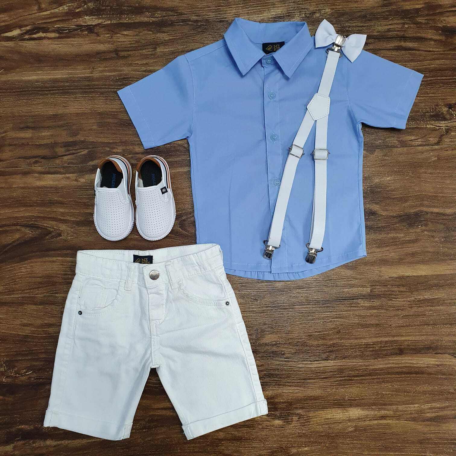 Camisa Social Azul com Bermuda Branca Jeans Infantil