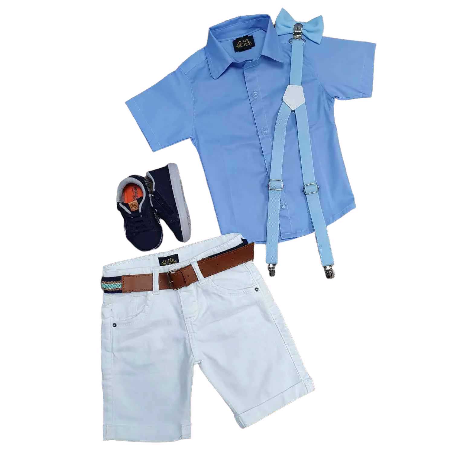 Camisa Social Azul Manga Curta com Bermuda Branca Infantil