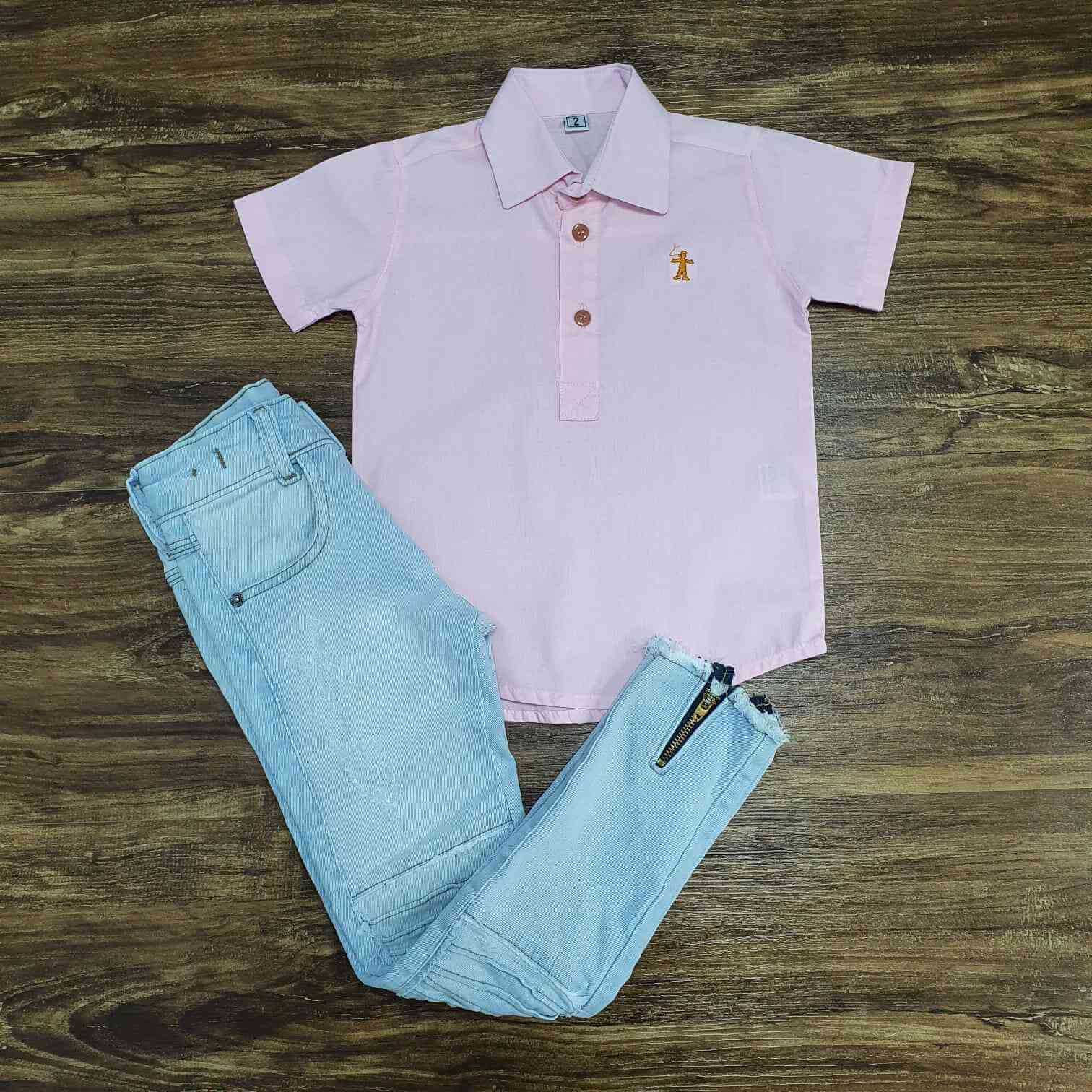 Camisa Social Bata Rosa com Calça Jeans Infantil