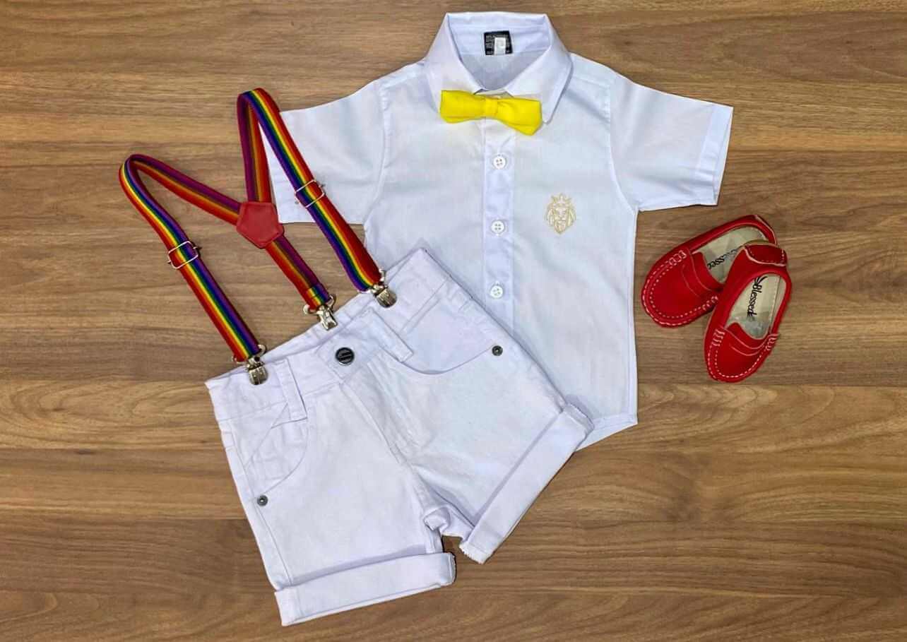 Camisa Social com Bermuda e Suspensório e Gravata Infantil