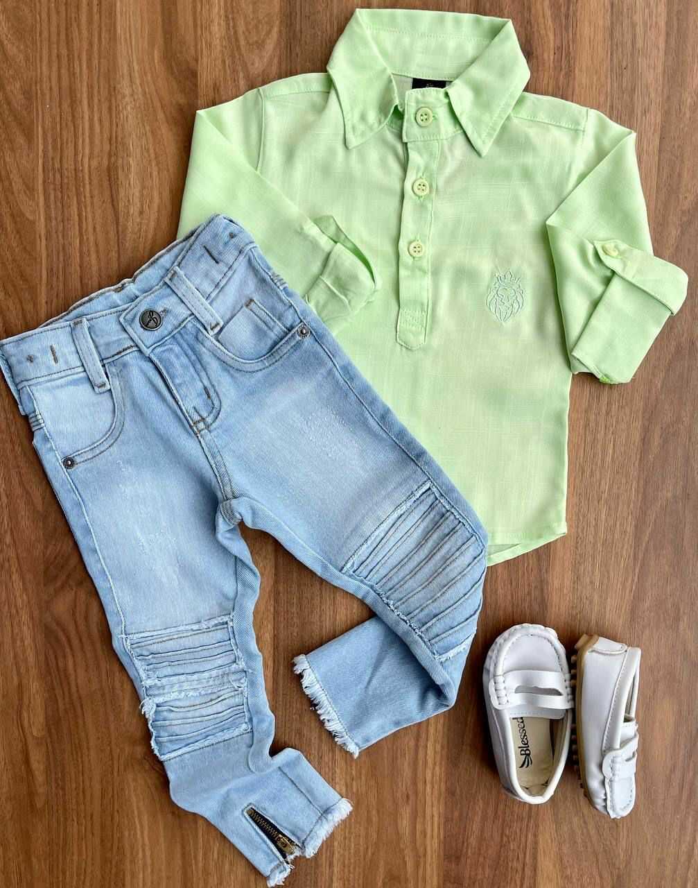 Camisa Tricoline Verde com Calça Jeans Infantil
