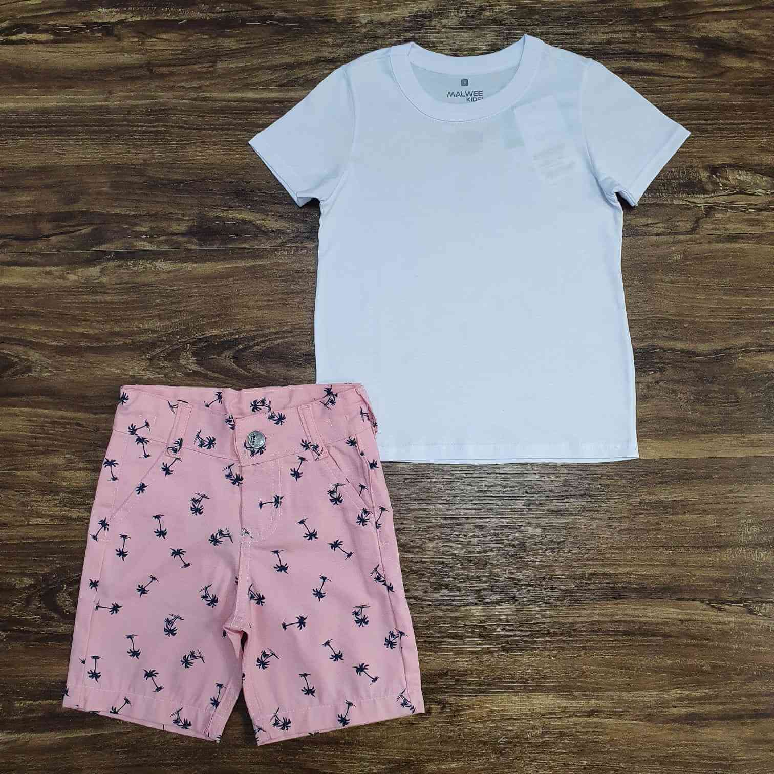 Camiseta Branca com Bermuda Rosa Coqueiros Infantil