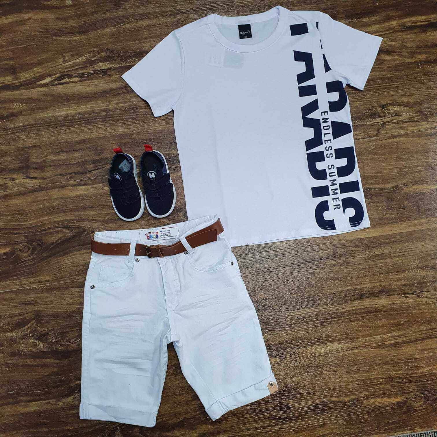 Camiseta Branca Summer com Bermuda Branca Infantil