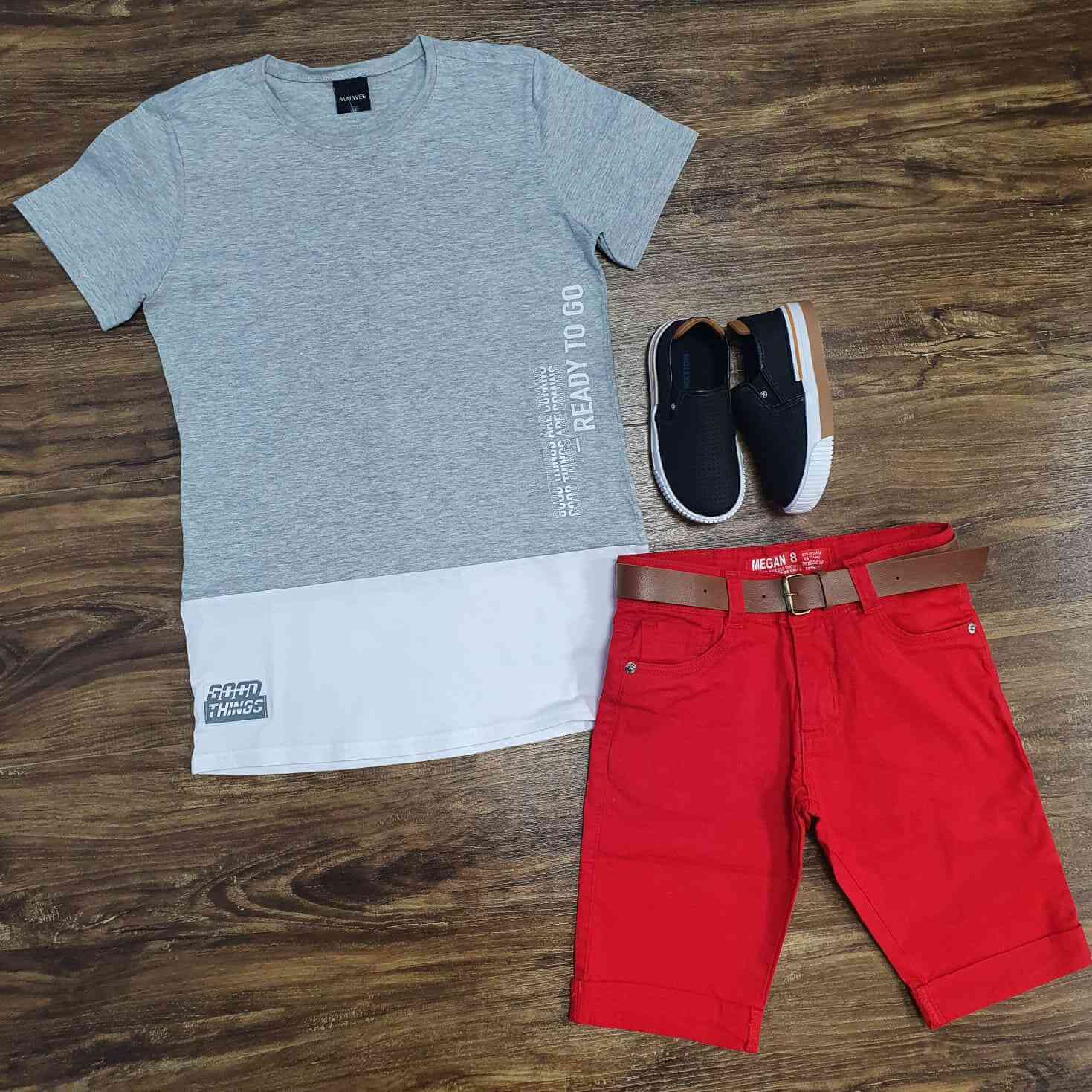 Camiseta Cinza Ready To Go com Bermuda Vermelha Infantil