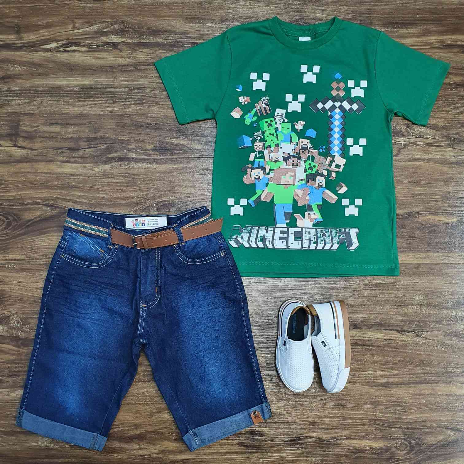 Camiseta MineCraft com Bermuda Jeans Infantil
