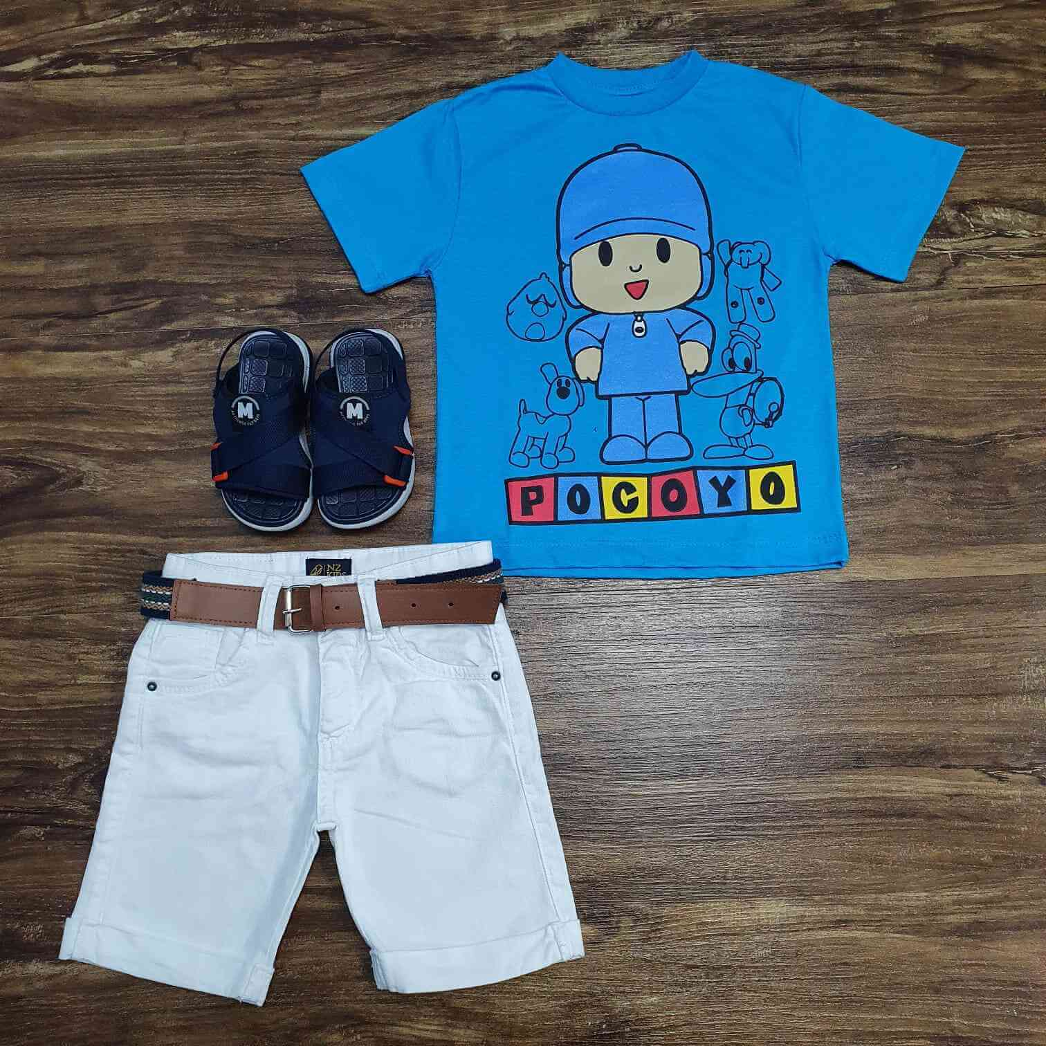 Camiseta Pocoyo com Bermuda Branca Infantil