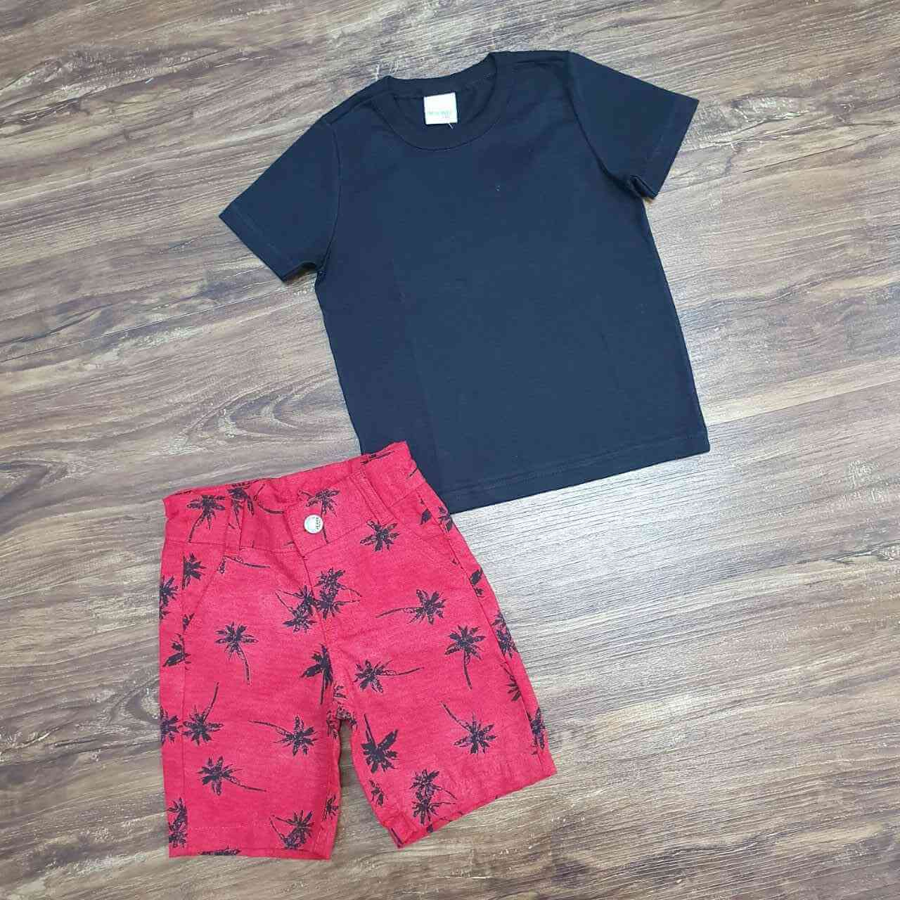Camiseta Preta com Bermuda Vermelha Coqueiros Infantil
