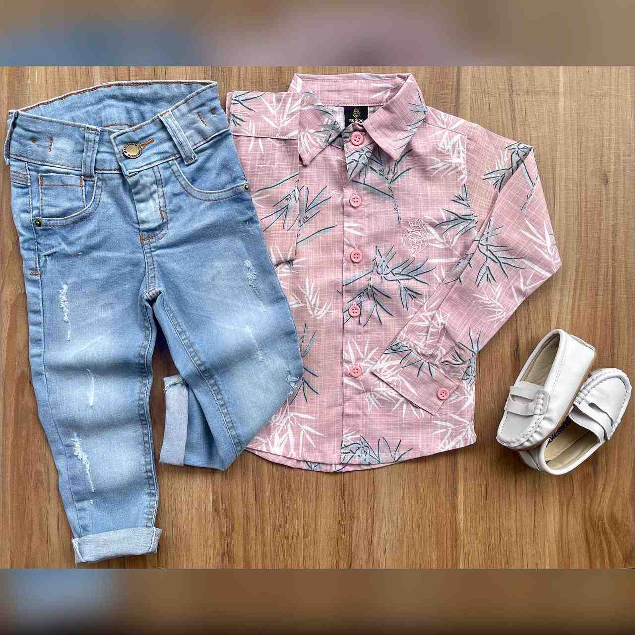 Conjunto Calça Jeans com Camisa Floral Rosa Linho Infantil