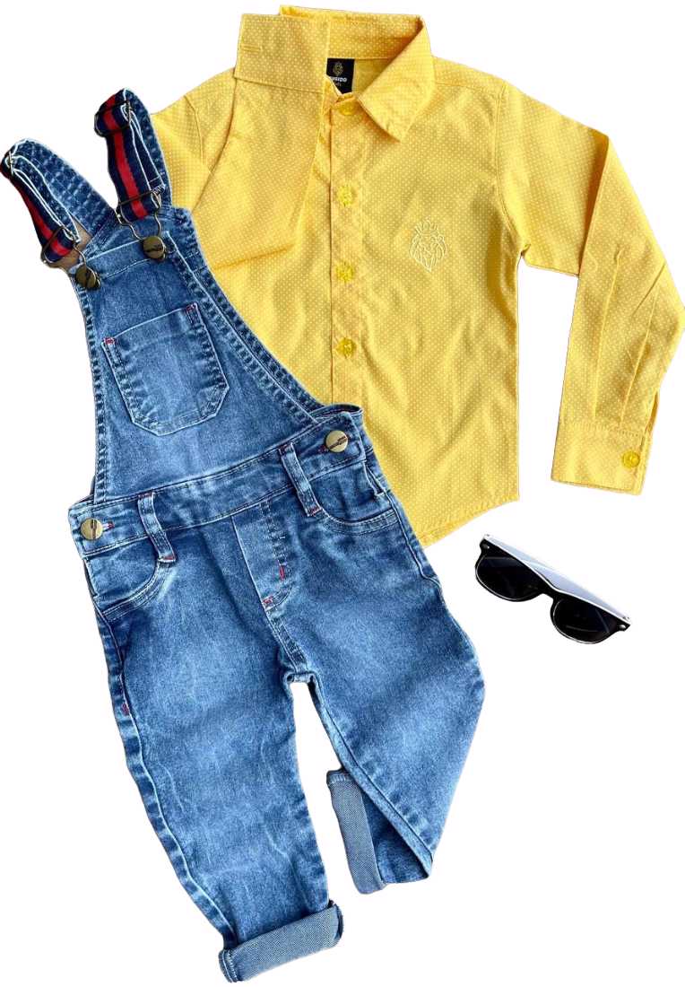 Jardineira Jeans com Camisa Social Amarela Infantil Menino