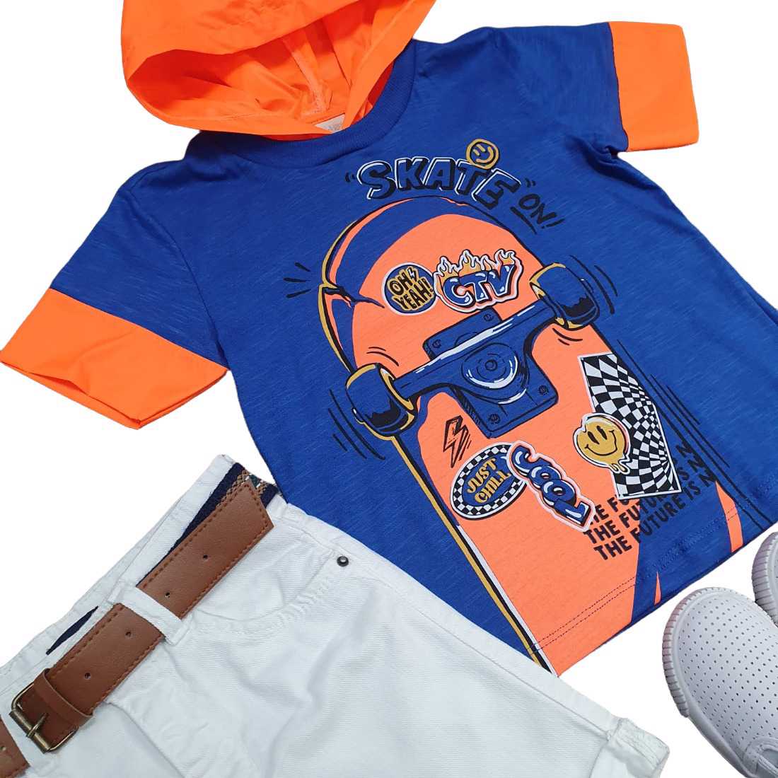 Conjunto Camiseta Azul com Capuz Skate Infantil