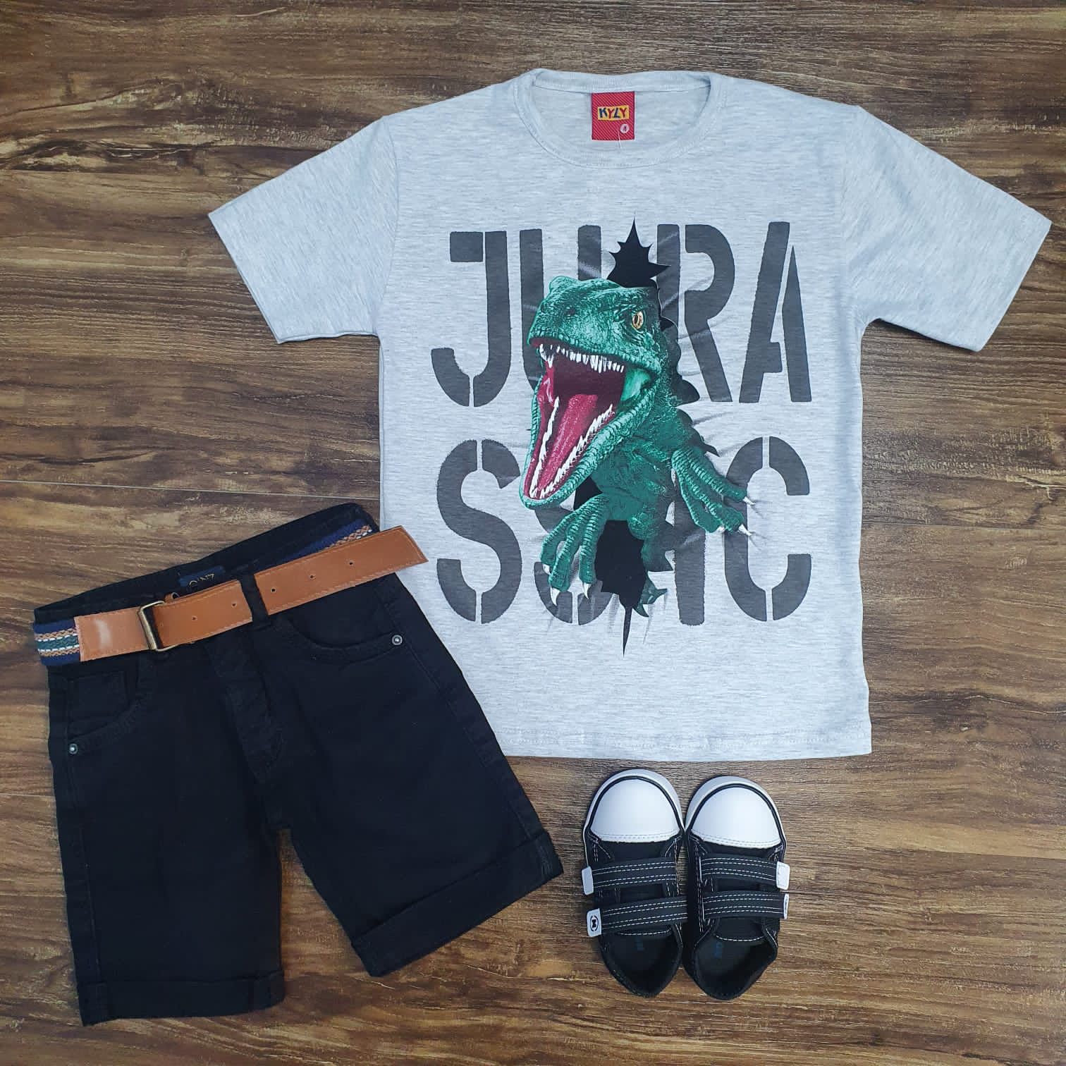 Conjunto Camiseta Jurassic Infantil Cinza  - Lojinha da Vivi