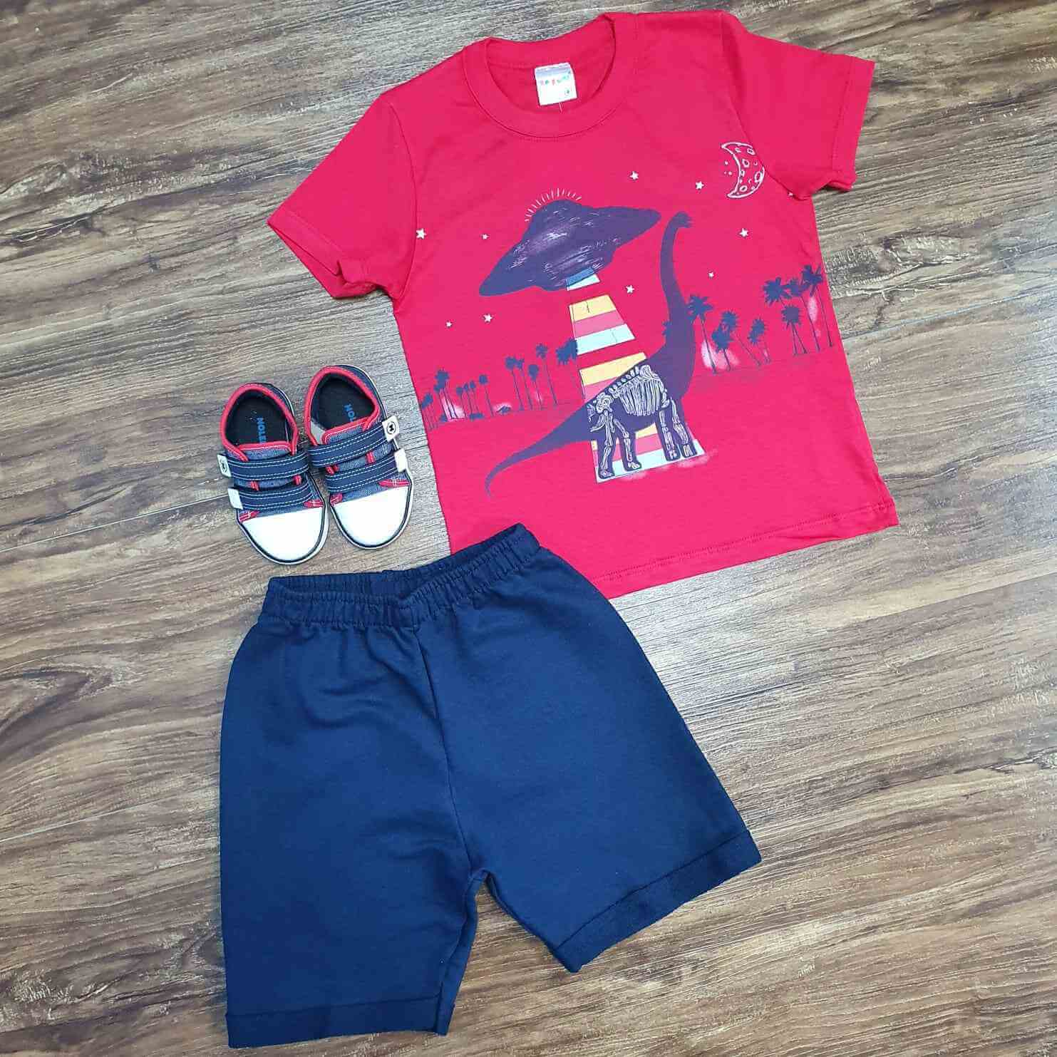 Conjunto Dinossauro com Camiseta Vermelha Infantil
