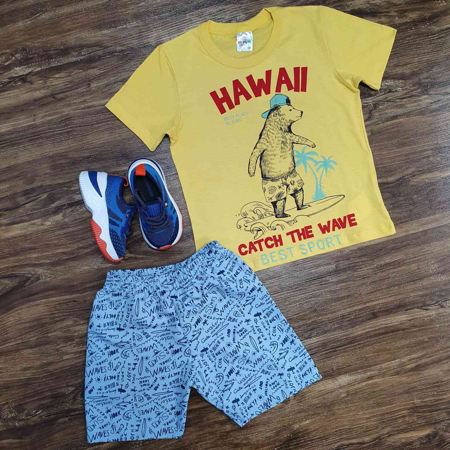 Conjunto Hawai com Camiseta Amarela Infantil