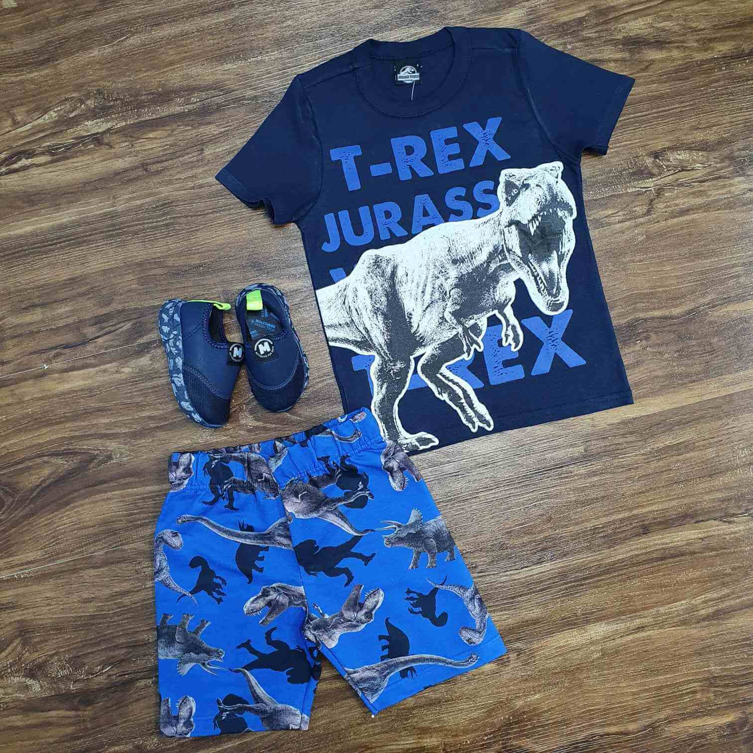 Conjunto T-Rex com Camiseta Azul Infantil