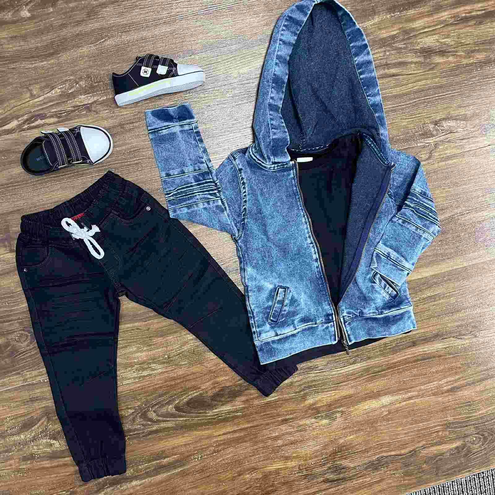 Jaqueta Jeans com Capuz Camiseta e Calça Preta Infantil