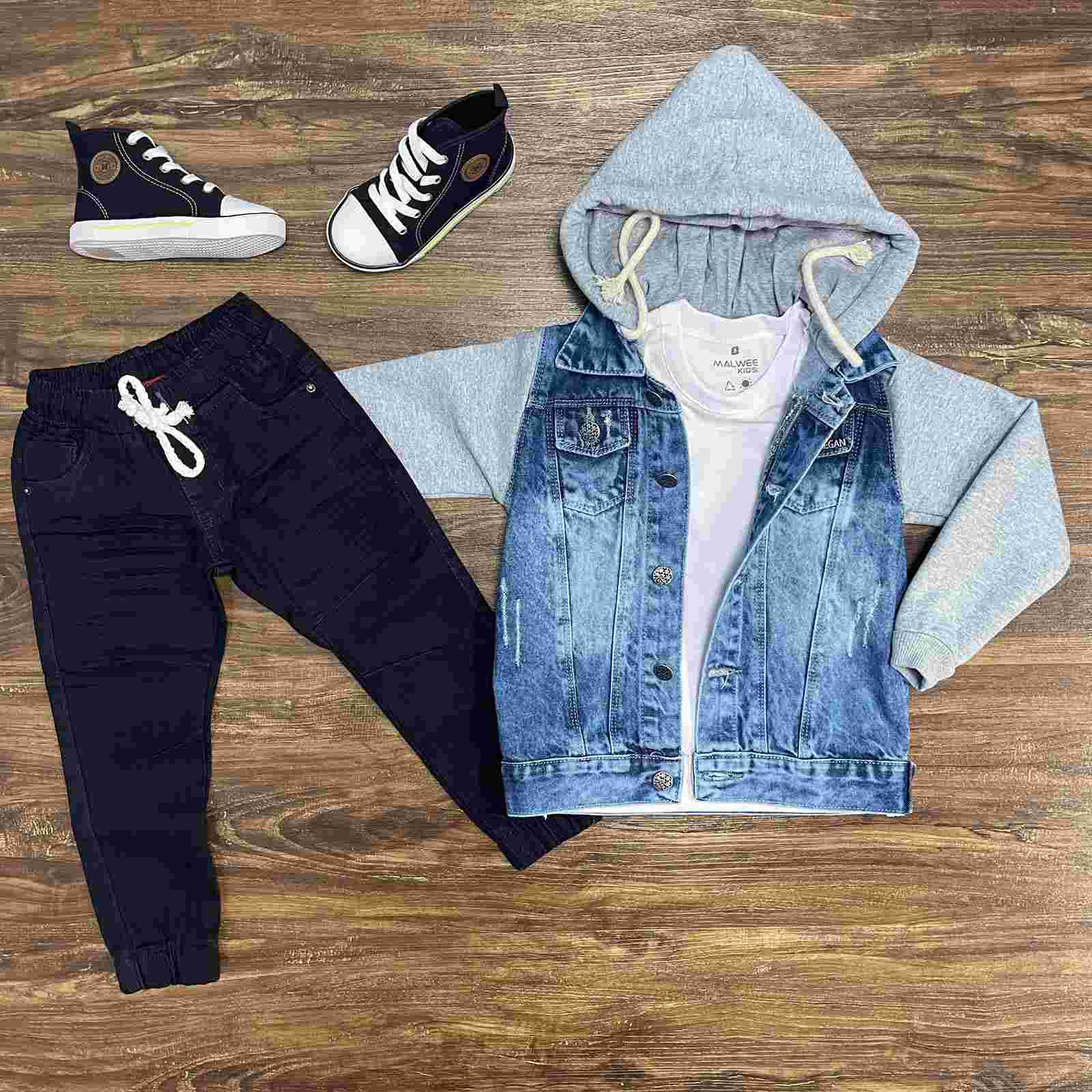 Jaqueta Jeans com Capuz Camiseta e Calça Jogger Preta
