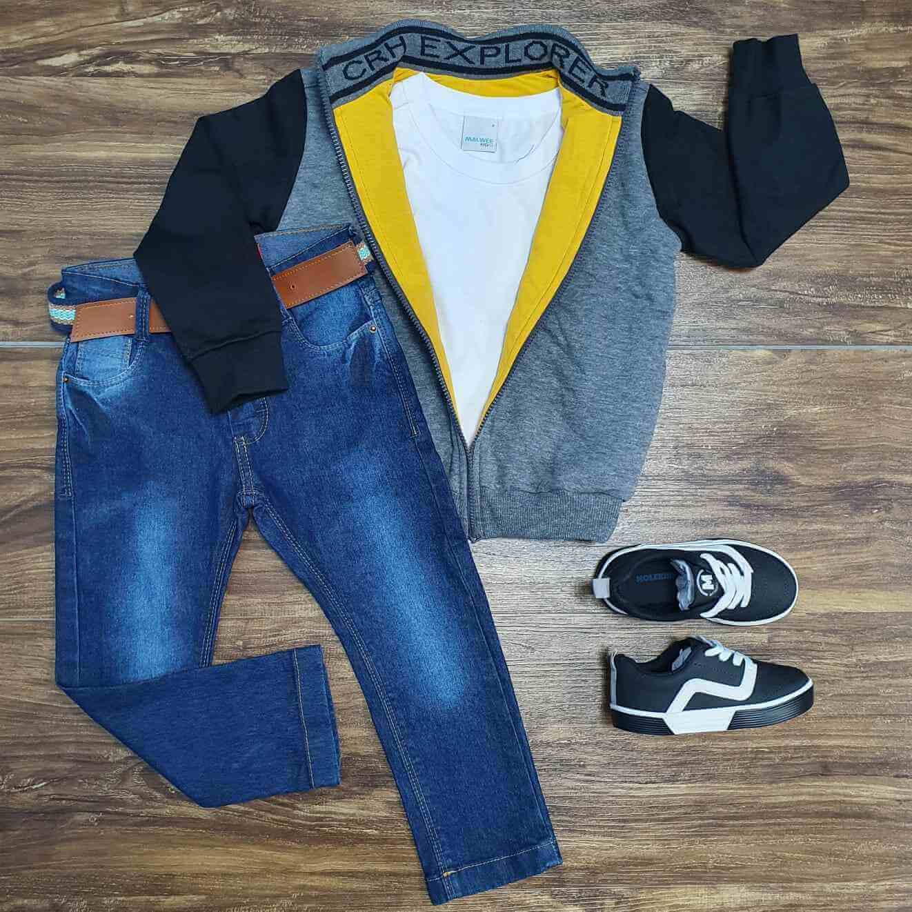 Jaqueta Explorer Cinza com Camiseta e Calça Jeans Infantil