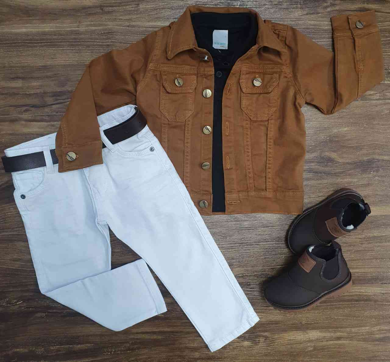 Jaqueta Marrom com Polo  Preta e Calça Jeans Branca Infantil