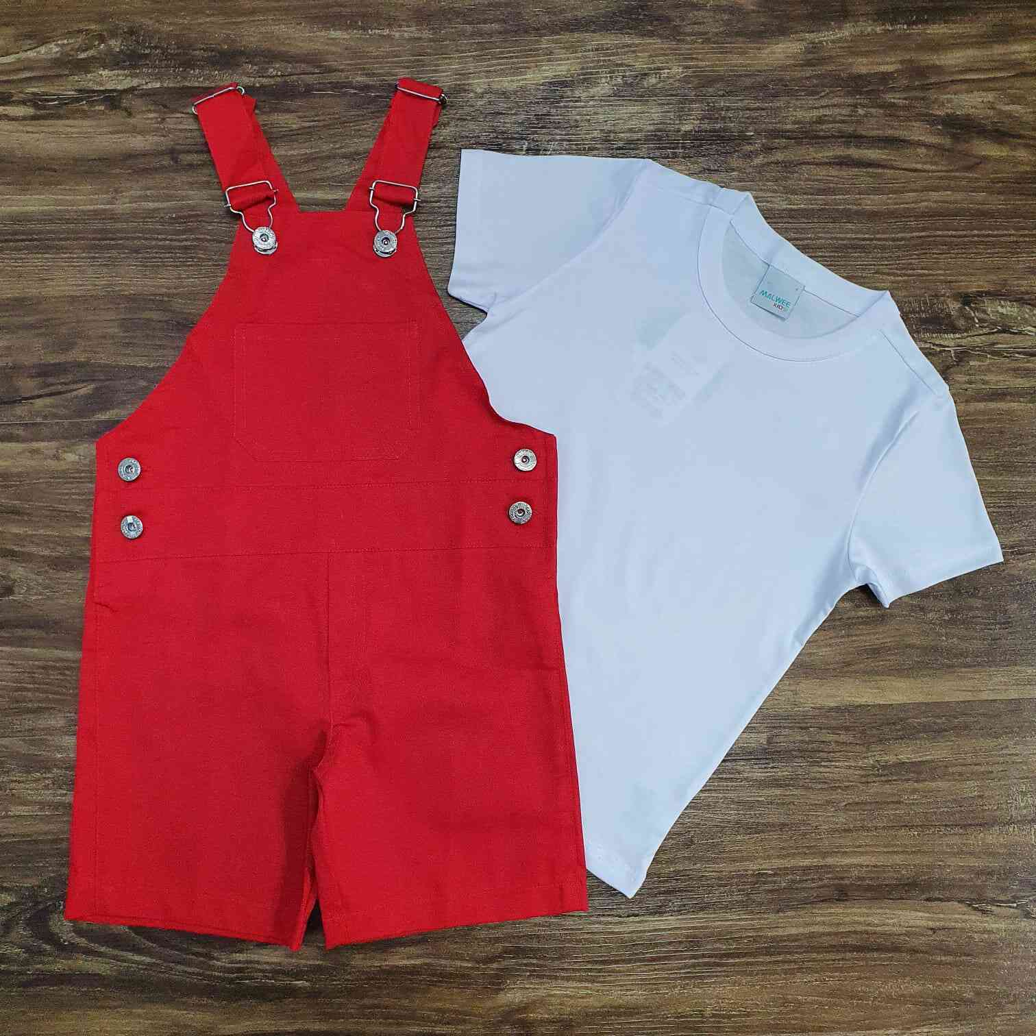 Jardineira Vermelha com Camiseta Branca Infantil