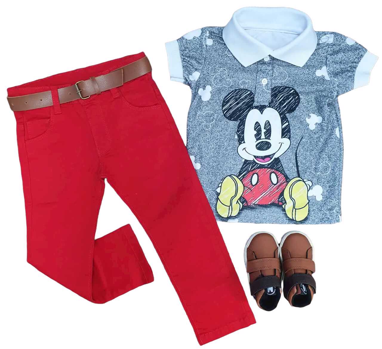 Conjunto Calça Vermelha e Camiseta Polo Mickey Infantil