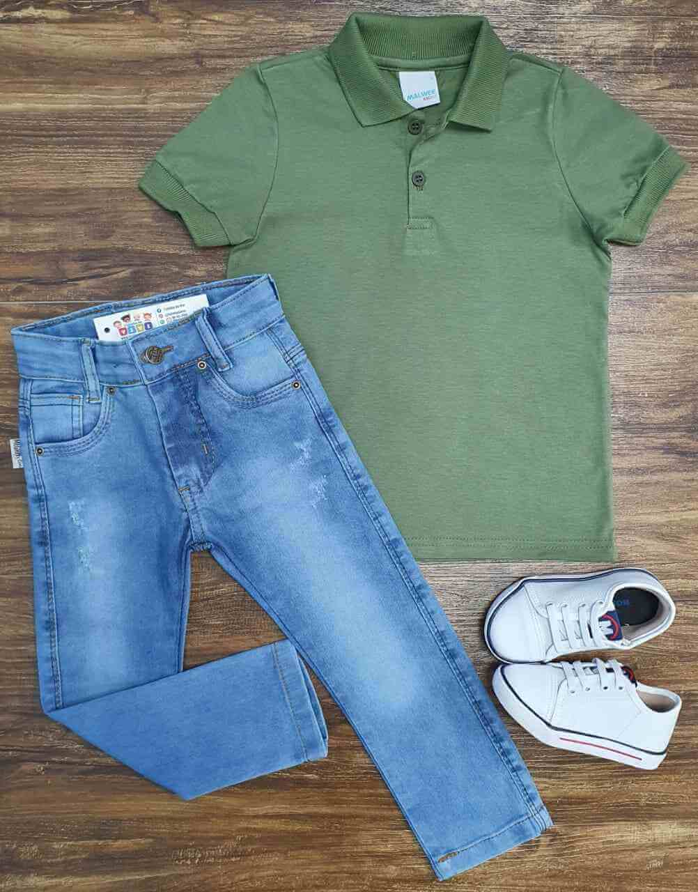Polo Verde Musgo com Calça Jeans Infantil
