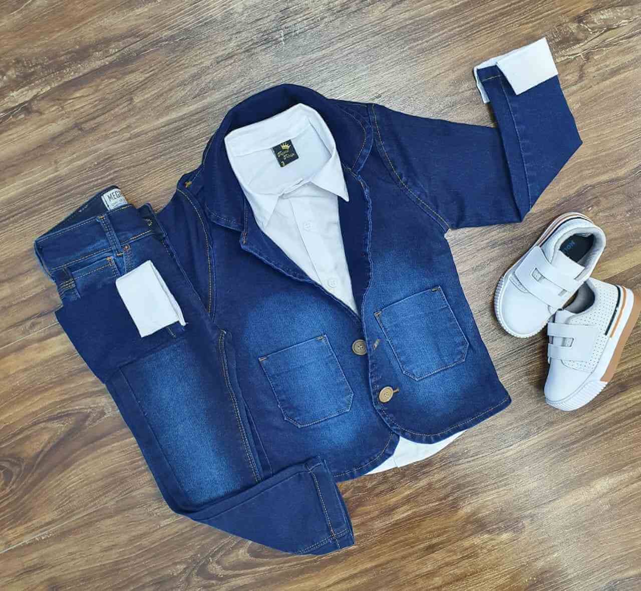 Blazer Jeans Escuro com Camisa e Calça Jeans Infantil