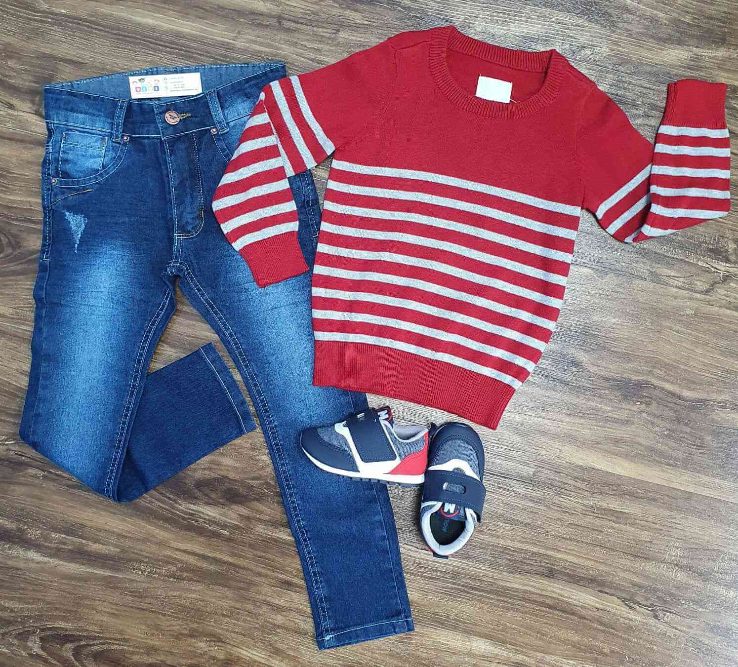 Suéter Vermelho Listrado com Calça Jeans Infantil