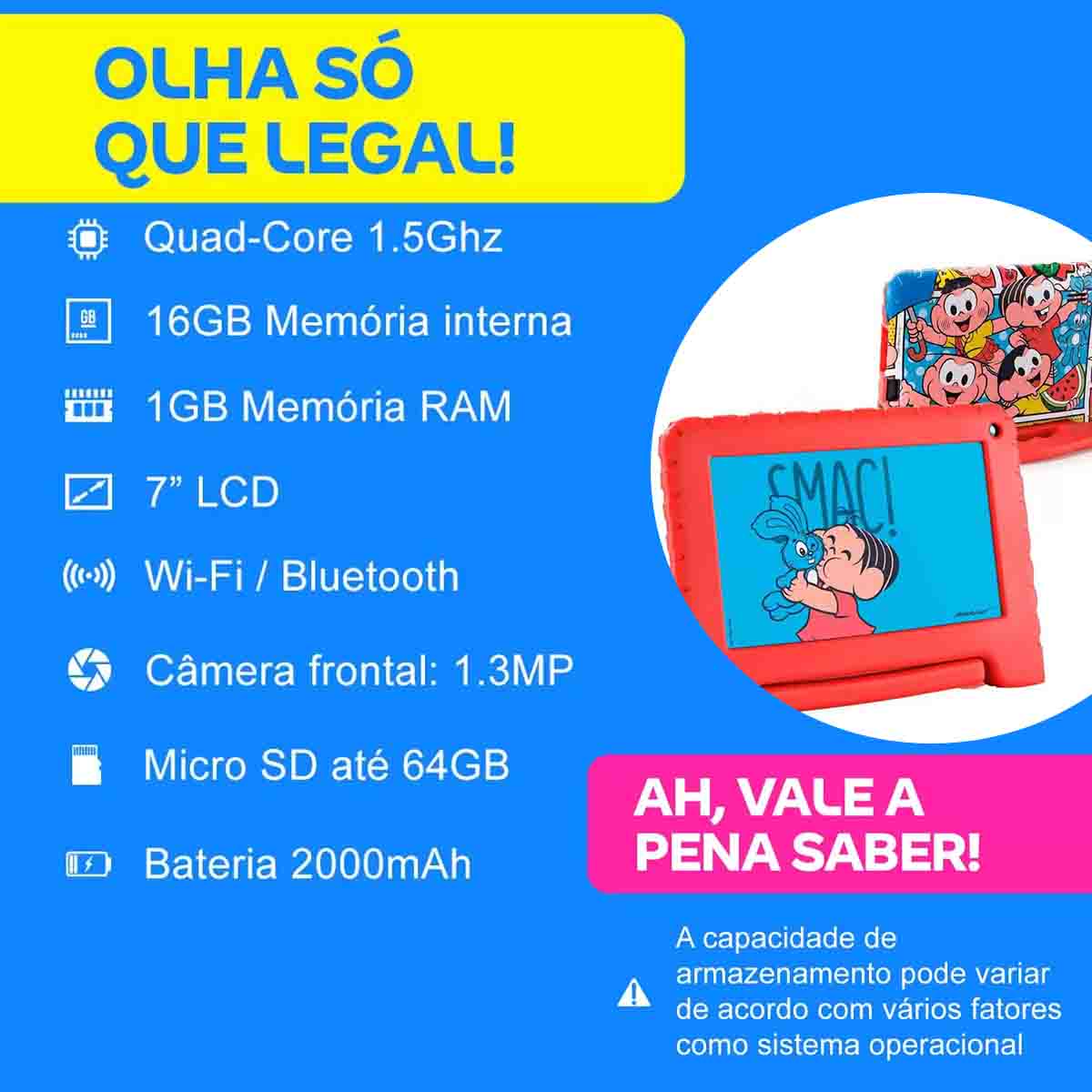 Tablet Turma Mônica 16gb Tela 7' Wi-fi Quad Core Multilaser