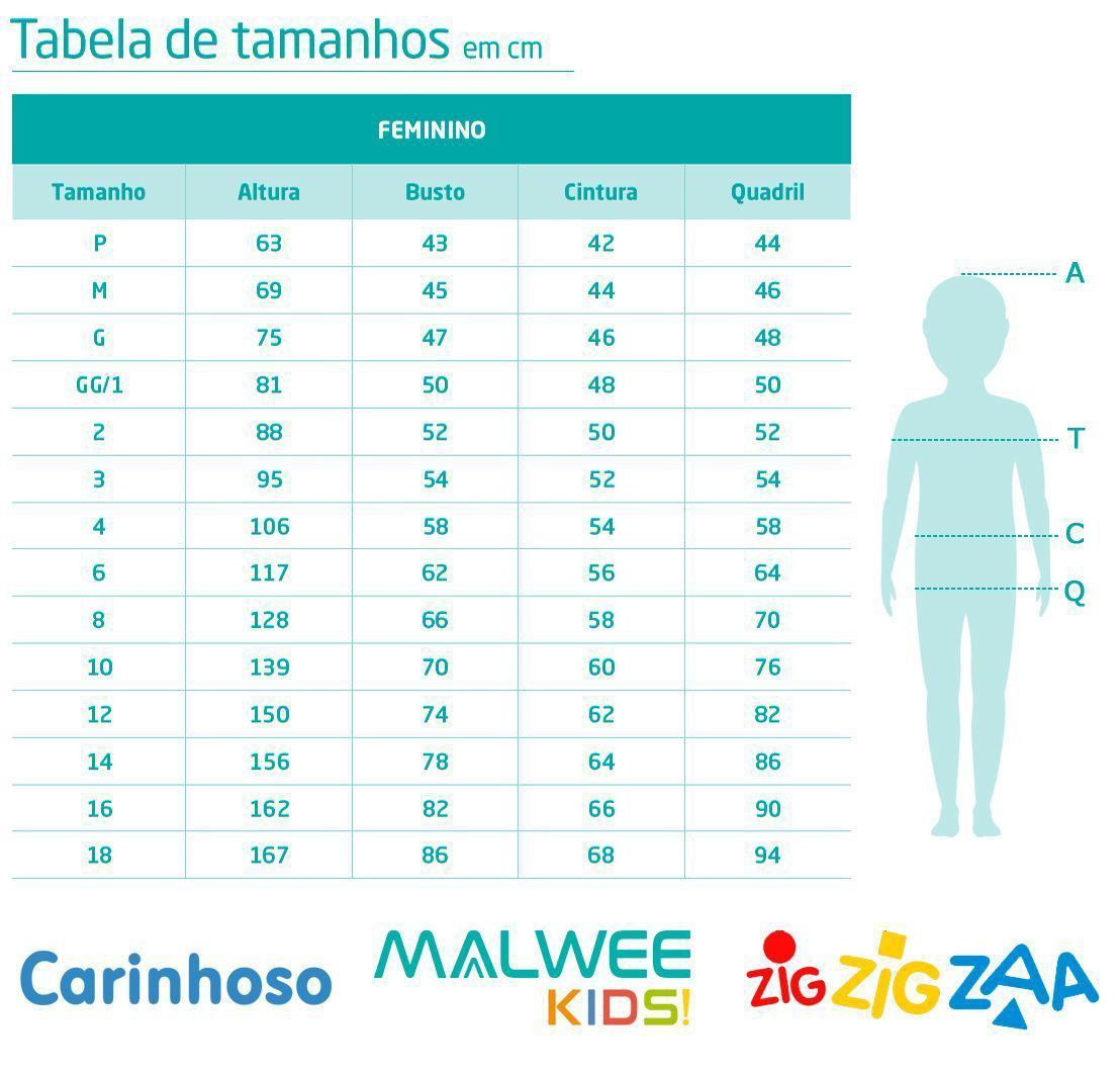 Short Infantil Feminino Azul Marinho - Malwee: Tabela de medidas